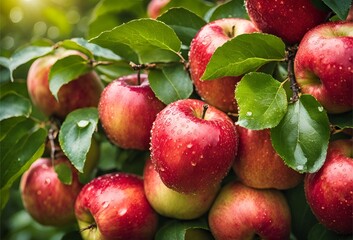 Many ripe juicy red apples covered with water drops as background.