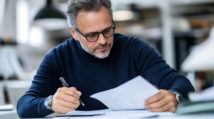 An elegant designer with graying hair reviews architectural sketches at a stylish desk, emphasizing creativity and professionalism in a contemporary workspace environment.