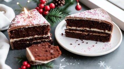 Indulge in Festive Delight: Slice of Rich Chocolate Cake with Creamy Filling, Perfect for Holiday Celebrations