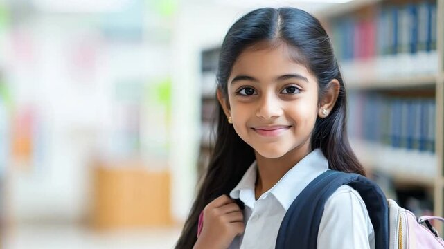 Young indian girl with backpack smiling inside a bright library during school hours, surrounded by bookshelves