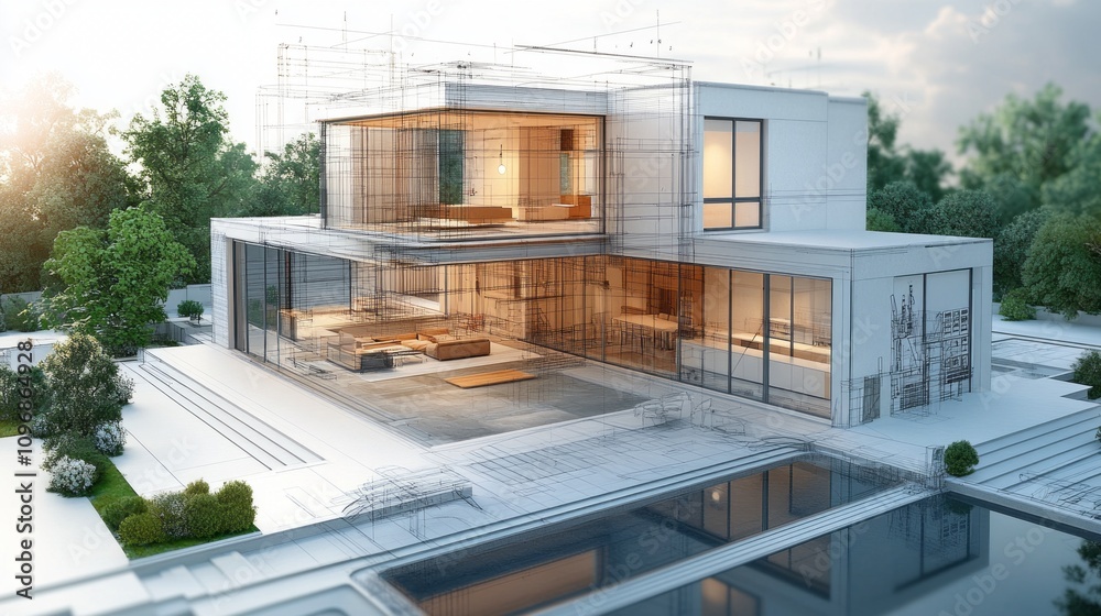 Poster a large white house with a pool and a large glass window