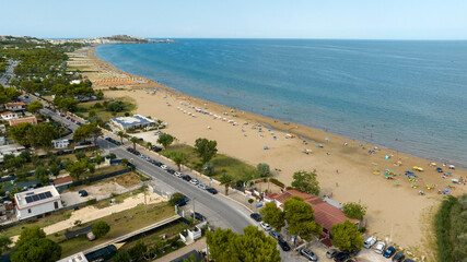 Aerial view of the long beach of Vieste, a tourist destination of Gargano, in the province of...