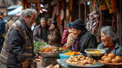 Happy people at a bustling marketplace, buying and selling fresh produce.