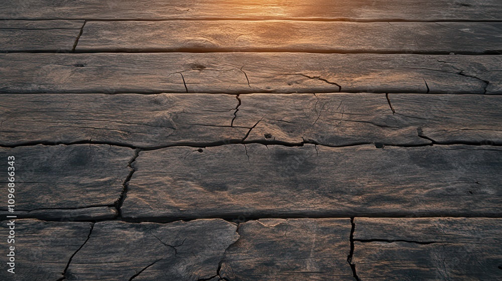 Poster The image depicts a weathered wooden surface with cracks, illuminated by soft sunlight, creating a rustic and serene atmosphere.