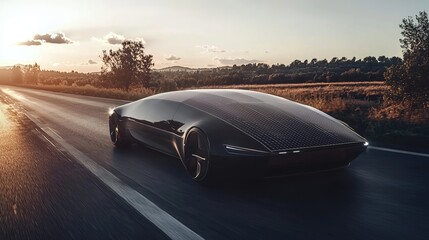 Obraz premium A sleek, futuristic car drives along a serene road during sunset, showcasing innovative design and eco-friendly technology.