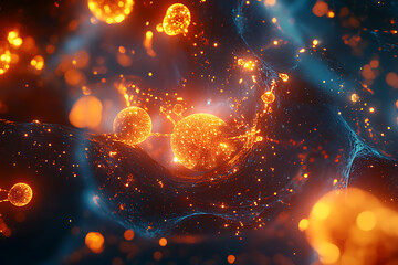 Obraz premium Futuristic nanotechnology particles interacting with cells in the human bloodstream, showcasing deep tech innovation in medicine with high realism and detail. 