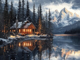 Fototapeta premium A cozy cabin by a snowy lake, surrounded by mountains and pine trees.