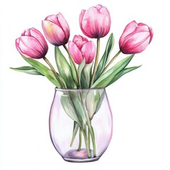 Vibrant watercolor tulips in a glass vase on white background.