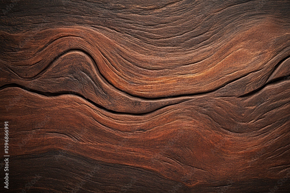 Poster a close-up view of textured wooden surface featuring rich, warm tones and distinctive wave patterns,