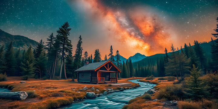 Amazing nature outdoors camping in summertime with beautiful milky way at night time. Calm lake water, forest trees with hills and mountains, idyllic landscape background. Hiking adventure design. Ai - Powered by Adobe