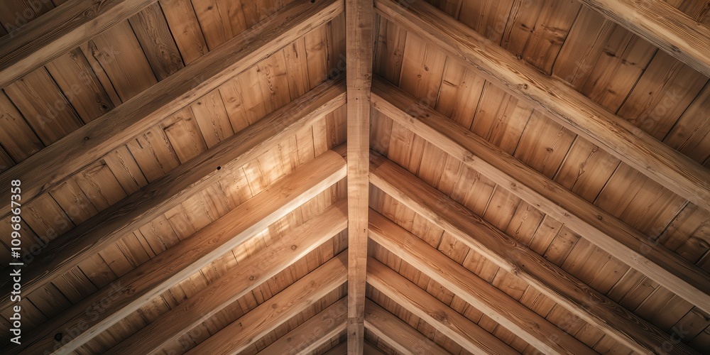 Poster A wooden ceiling with a distinct triangular pattern, showcasing natural textures and warm colors.