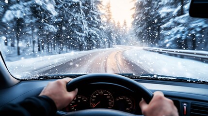 Blick aus dem PKW Cockpit auf eine verschneite und vereiste Stra&szlig;e, Fahren im Winter bei schlechten Stra&szlig;enverh&auml;ltnissen und Gefahren durch Eis, Schnee, Gl&auml;tte und N&auml;sse