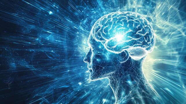 The human head is seen from the front, with an energy field around it and the inside of the brain glowing like waves or lines. 