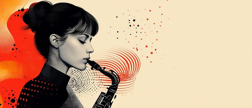 Geometric abstraction, Vorticist avant-garde, a beautiful woman playing saxophone, pulsating cosmic ion storm, jagged bold lines, harsh colours, negative space - Powered by Adobe