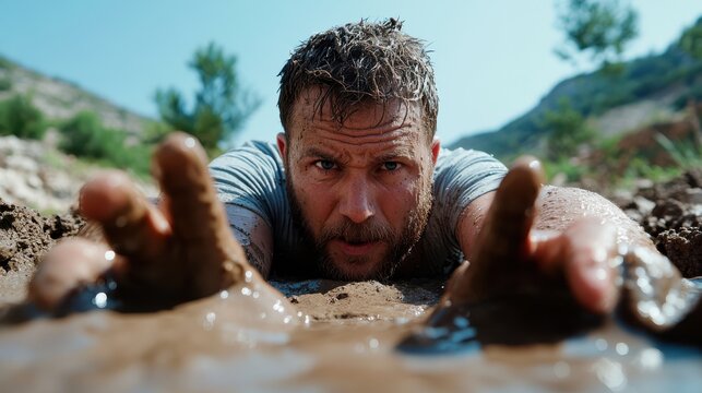 A man stretches forward, reaching out with his hands while crawling through a muddy terrain. The scene symbolizes struggle, determination, and the pursuit of goals.