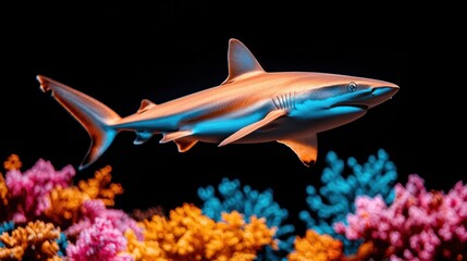 Fototapeta premium Vibrant Shark Swimming Through Colorful Coral Reef with Bright Tropical Colors Underwater for Marine Life Conservation and Educational Purposes