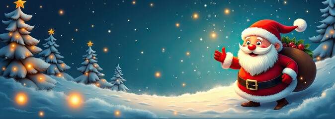 Cartoon Santa Claus waving with a cheerful expression, standing in a snowy forest with Christmas trees and stars, holding a sack of gifts, perfect for holiday greetings.

