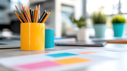 A variety of colorful pencils are neatly arranged in a yellow pot on a desk; the background shows a blurred office setting creating an artistic and trendy vibe.