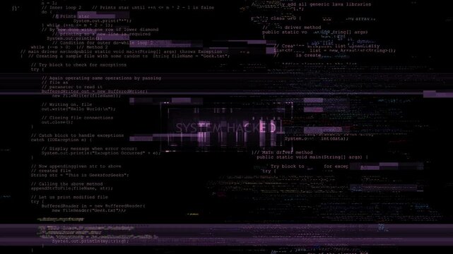 Computer code on digital screen glitches error VHS damage. Overlay design element. hacking malware attack threat on computer system concept. warning message, hacking in progress. fatal error glitch