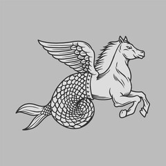 Hippocampus Mythology Engraving Illustration logo vector
