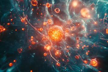 Obraz premium Futuristic nanotechnology particles interacting with cells in the human bloodstream, showcasing deep tech innovation in medicine with high realism and detail. 