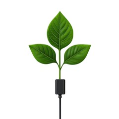 A green plant with three leaves connected to a black charging plug, symbolizing the fusion of nature and technology.
