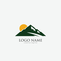Mountain logo,  Mountain with sun, hill, travel, peak, landscape, Sea & mountain logo design fully editable vector template