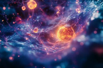 Obraz premium Futuristic nanotechnology particles interacting with cells in the human bloodstream, showcasing deep tech innovation in medicine with high realism and detail. 