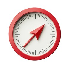 A red circular clock features a simple design with a white face and a bold red arrow pointing upwards.