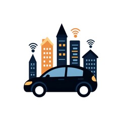 Fototapeta premium A sleek black car is parked in front of colorful city buildings, symbolizing urban life and connectivity.