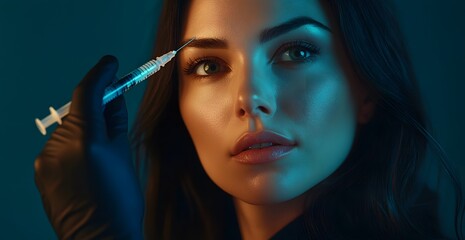 Obraz premium Close-up portrait of a beautiful woman with a syringe in her hand for a facial skin aesthetics treatment and cosmetic procedure. 