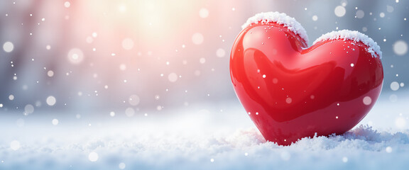 Obraz premium A red heart in the snow, with a blurred background of trees and a bright sun, in a festive style, with a mix of red, white, and blue colors.