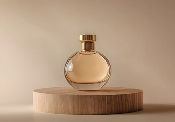 Photograph of a round glass perfume bottle with a golden cap on a wooden podium against a beige background. 