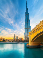 Naklejka premium Stunning View of the Tallest Building in Dubai at Sunset