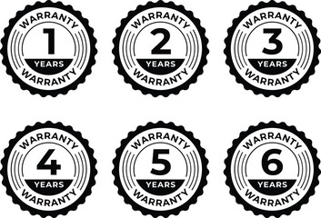 Warranty logo in zig zag circle with 1 years, 2 years, 3 years and 5,6 years warranty stamp or sticker with stars in black color.