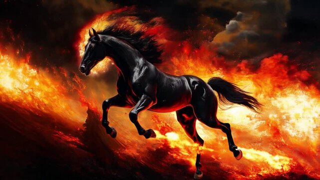 A majestic black horse, its mane and tail ablaze, leaps through a fiery landscape. The impasto oil painting style creates a dramatic, powerful scene of intense energy, 4k hd Quality.