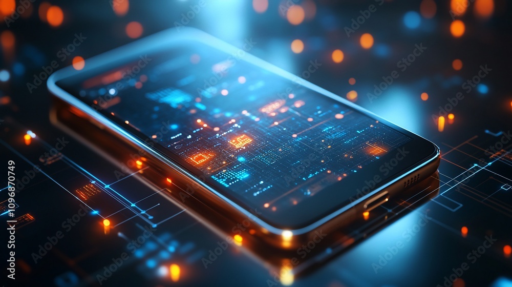 Poster Futuristic smartphone displaying digital data on a circuit board.