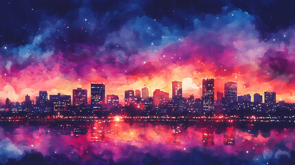 Obraz premium Vibrant city skyline illuminated by lights during twilight with a watercolor effect showcasing a dreamy atmosphere. Twilight Horizon Glow. Illustration