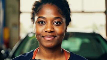 Smiley young African American female car repair master looking at camera. Our smiley car repair master loves her work and shares her enthusiasm with every customer!