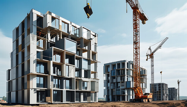 Modern prefab construction in progress with cranes and modular units