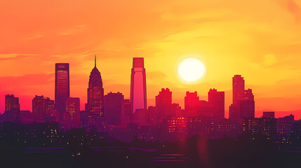 Fototapeta premium Sun setting behind philadelphia skyline, casting warm glow on buildings, sunset, sun, skyline, philadelphia, downtown. Twilight Horizon Glow. Illustration