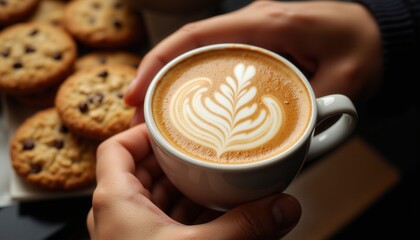 Roast and Bake Moments. A warm cup of latte art held in hands, accompanied by delicious chocolate chip cookies on a cozy table.