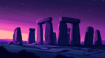 Stonehenge under the twilight sky, standing tall against the soft glow of the horizon. Twilight Horizon Glow. Illustration