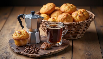 Roast and Bake Moments. A cozy coffee setting featuring a Moka pot, a cup of brew, muffins, and coffee beans, all set on a wooden table.