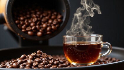 Roast and Bake Moments. A steaming cup of coffee sits atop coffee beans, with a barrel pouring more beans in the background, creating a warm and inviting atmosphere.