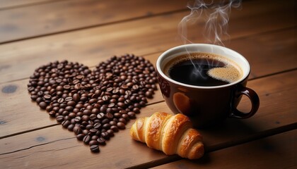 Roast and Bake Moments. A steaming cup of coffee sits next to a croissant, surrounded by coffee beans arranged in a heart shape, evoking warmth and comfort.