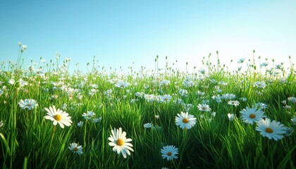 Fototapeta premium Lush Green Meadow with Daisies Under a Clear Blue Sky, Perfect for Spring and Summer Outdoor Scenes, Nature Photography, and Floral Backgrounds