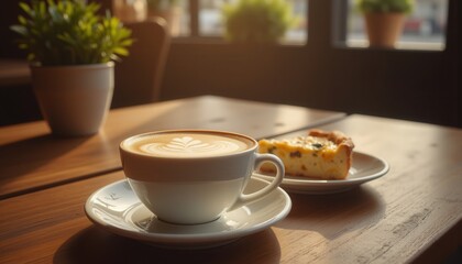 Fototapeta premium Roast and Bake Moments. A cozy setting featuring a cup of coffee and a slice of cake on a wooden table, complemented by a potted plant in soft, natural lighting.