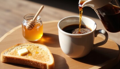 Roast and Bake Moments. A cozy breakfast scene featuring a cup of coffee, toast with butter, and a jar of honey, highlighting warmth and comfort.