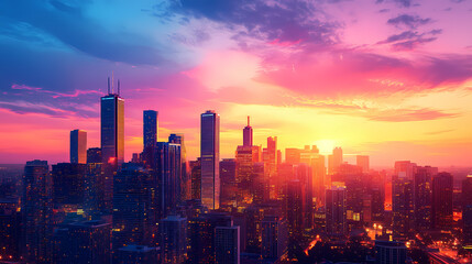Fototapeta premium A vibrant city skyline at sunset with glowing buildings. Twilight Horizon Glow. Illustration